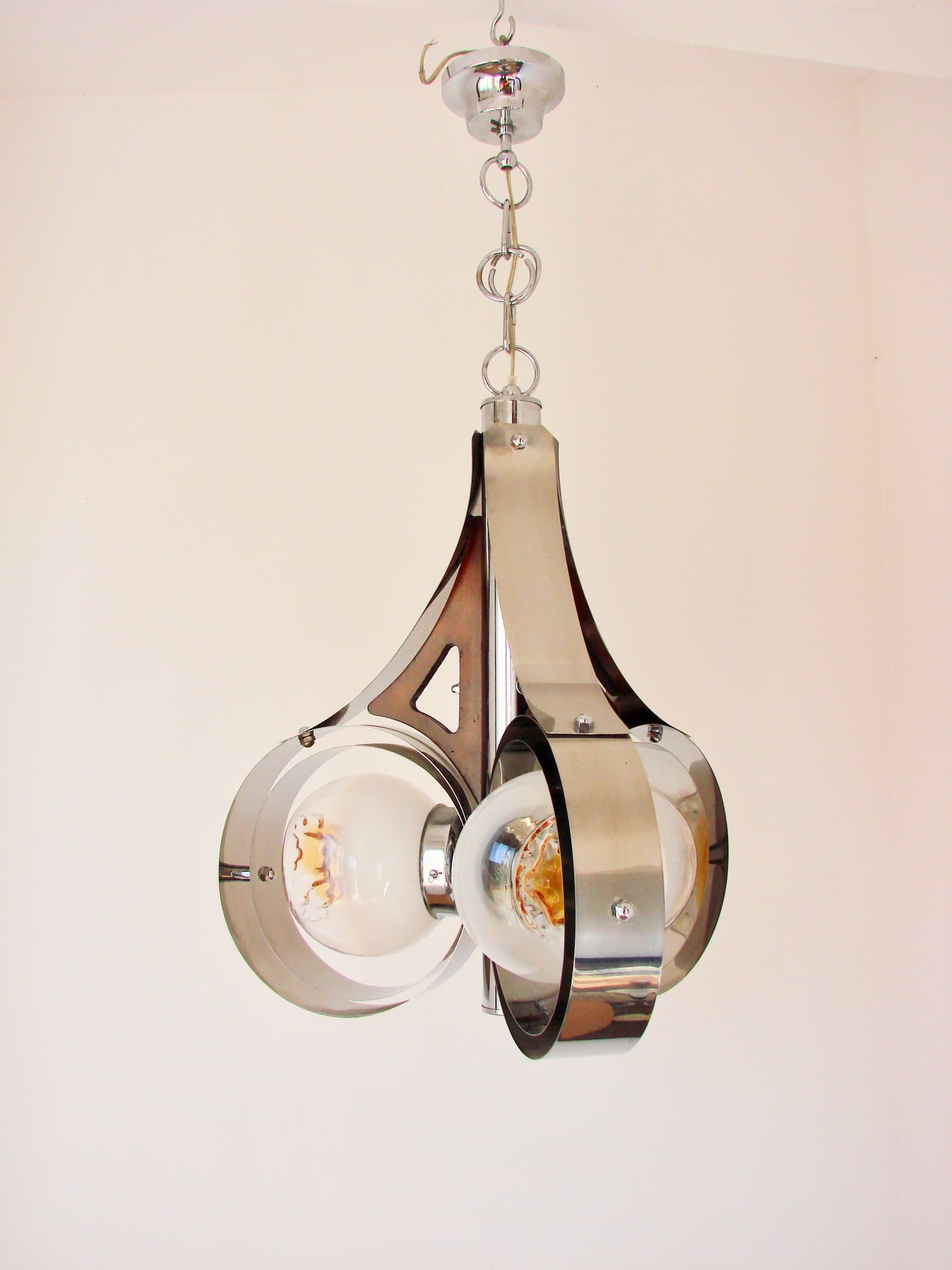 Pendant Lamp Space Age, Murano glass milky white, chrome-plated steel silver, Mazzega, Italy, 1970s. - 293602