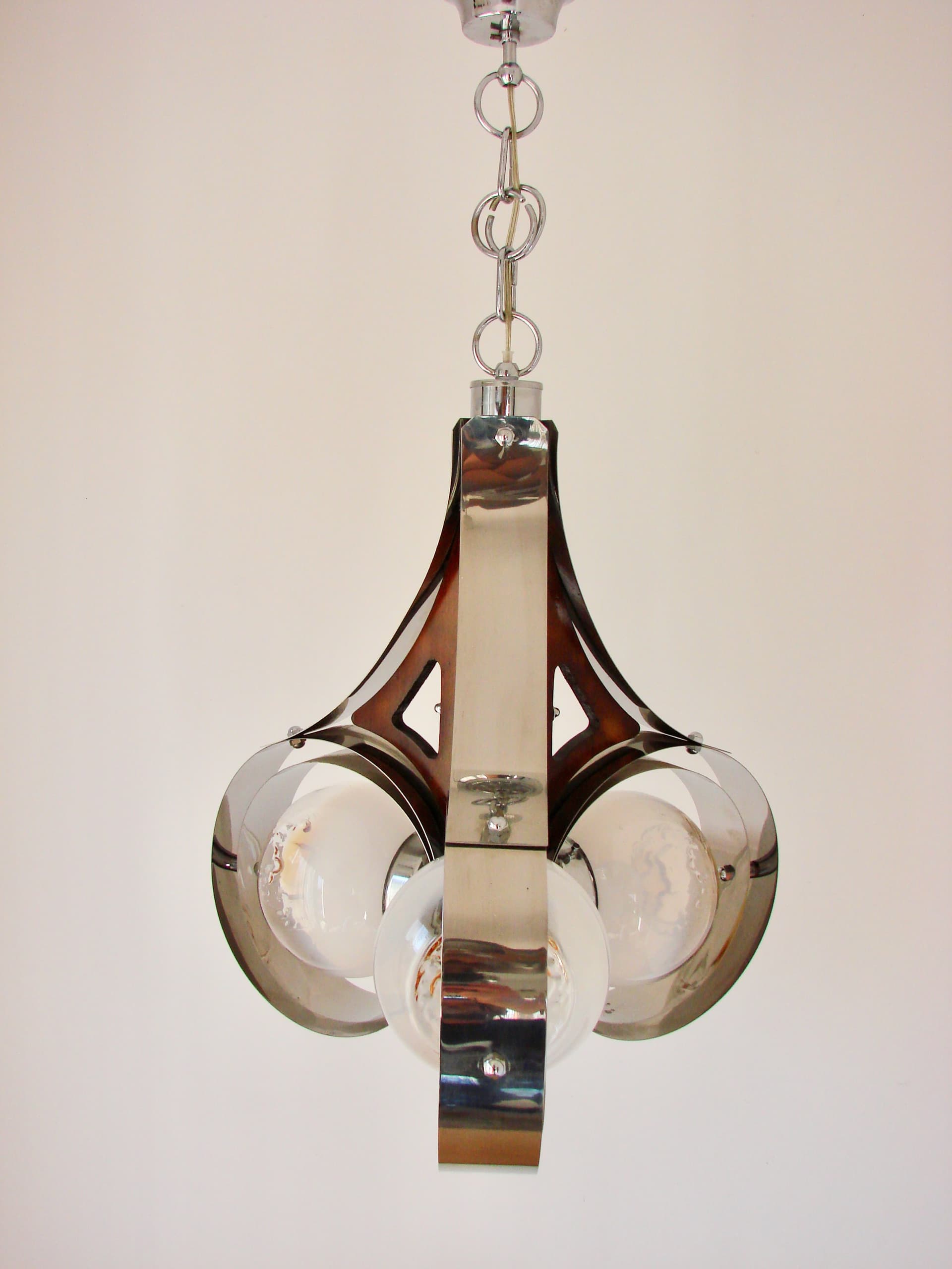 Pendant Lamp Space Age, Murano glass milky white, chrome-plated steel silver, Mazzega, Italy, 1970s. - 293606