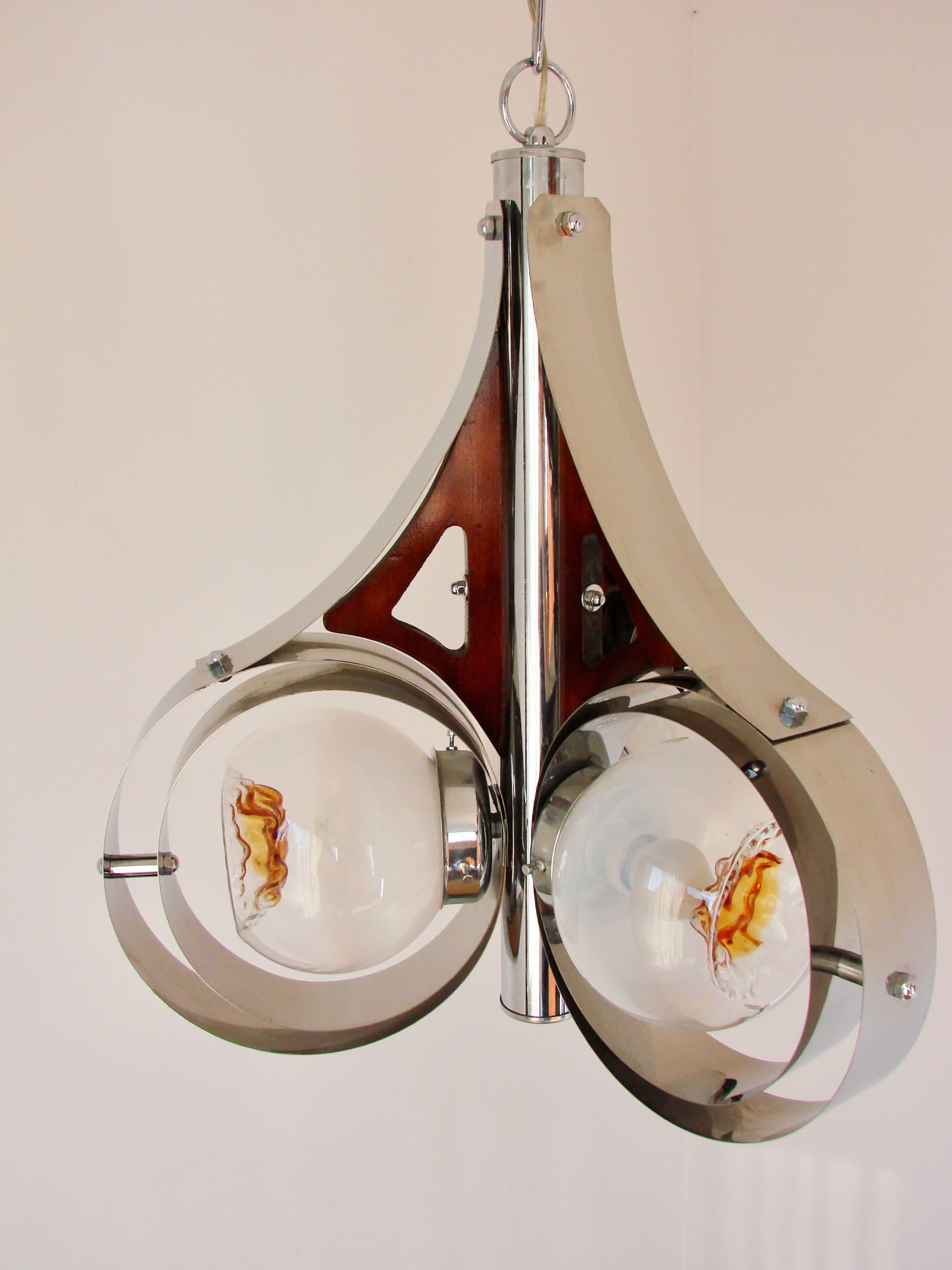 Pendant Lamp Space Age, Murano glass milky white, chrome-plated steel silver, Mazzega, Italy, 1970s. - 293607