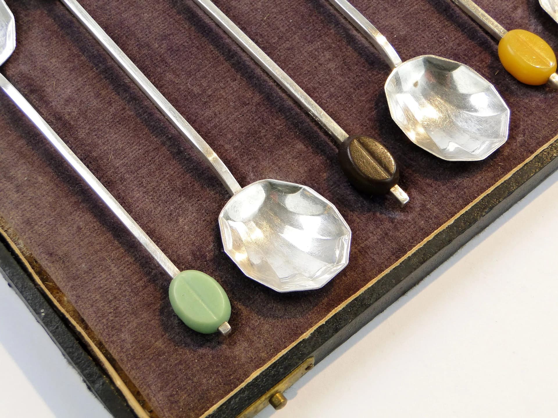 Coffee Spoon Set Art Deco, multicolor, Bakelite, silver-plated brass, United Kingdom, 1930s. - 21619