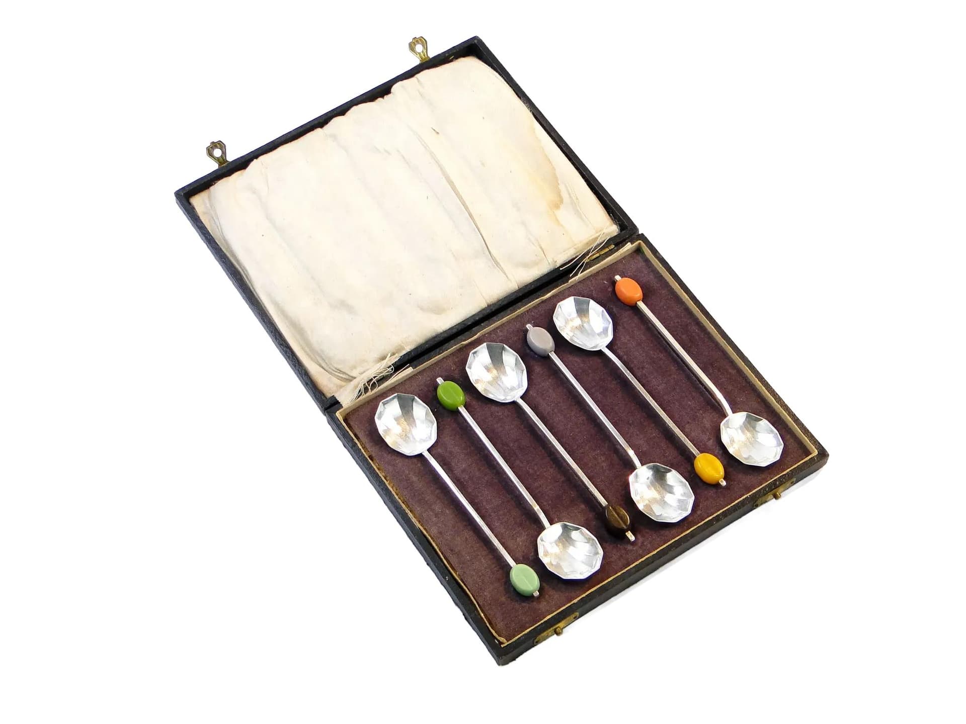 Coffee Spoon Set Art Deco, multicolor, Bakelite, silver-plated brass, United Kingdom, 1930s.