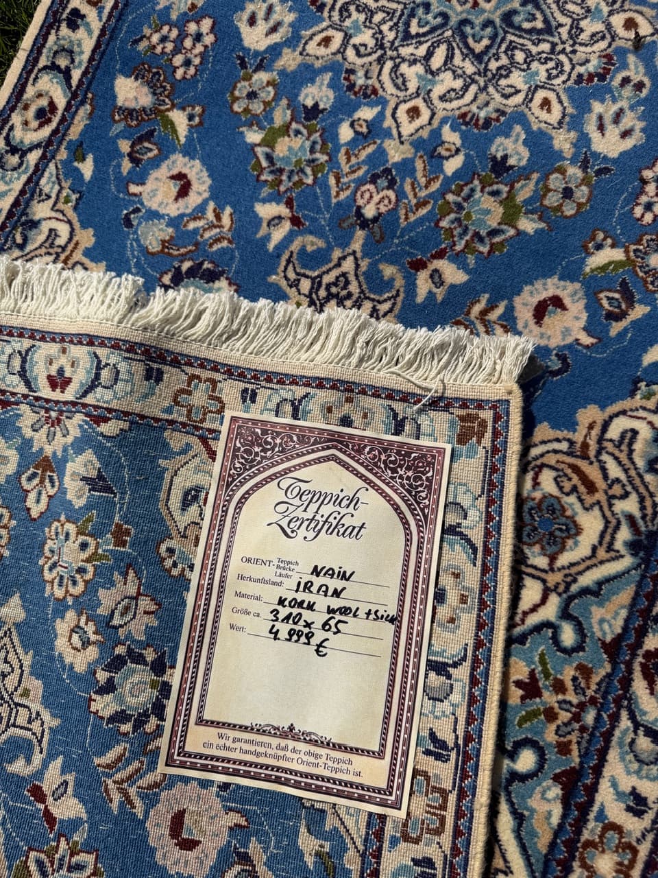 Chodnik Nain, 310x65 cm, błękitny, wełna kaszmirowa i jedwab, Iran - 293649