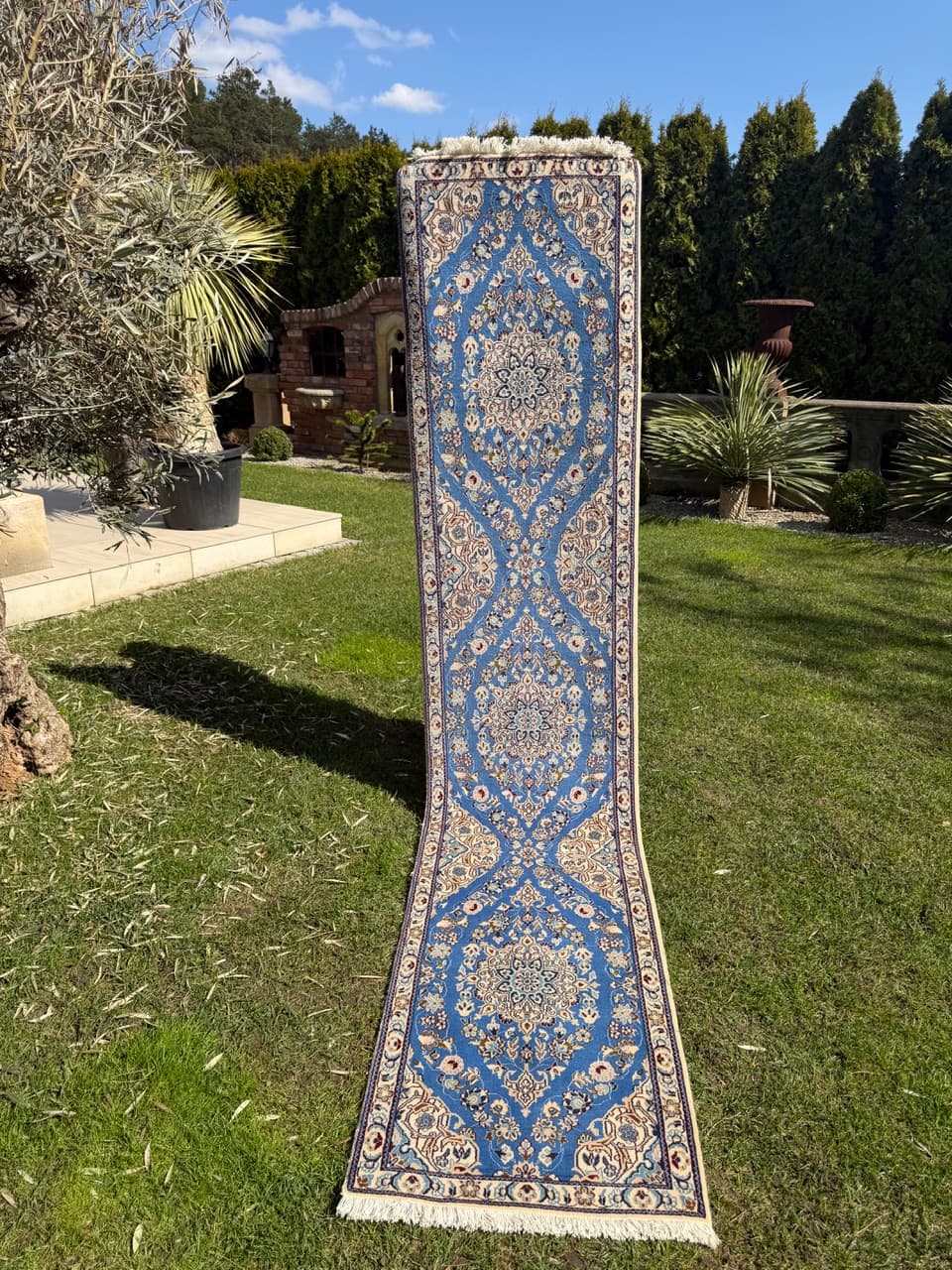 Chodnik Nain, 310x65 cm, błękitny, wełna kaszmirowa i jedwab, Iran - 293644