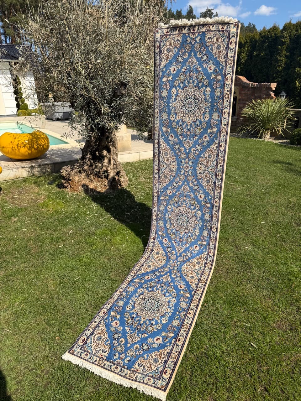 Chodnik Nain, 310x65 cm, błękitny, wełna kaszmirowa i jedwab, Iran - 293643