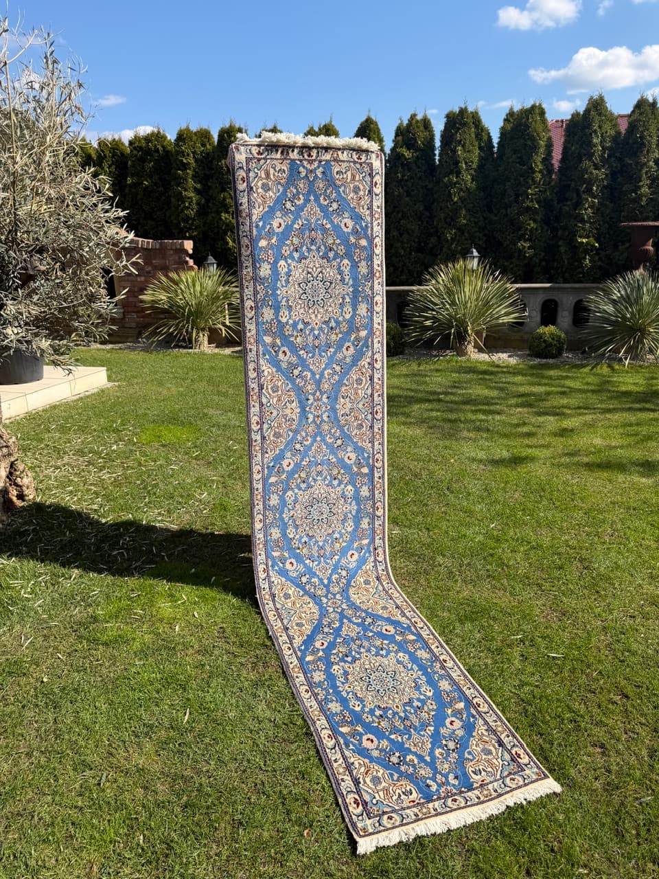 Chodnik Nain, 310x65 cm, błękitny, wełna kaszmirowa i jedwab, Iran - 293642
