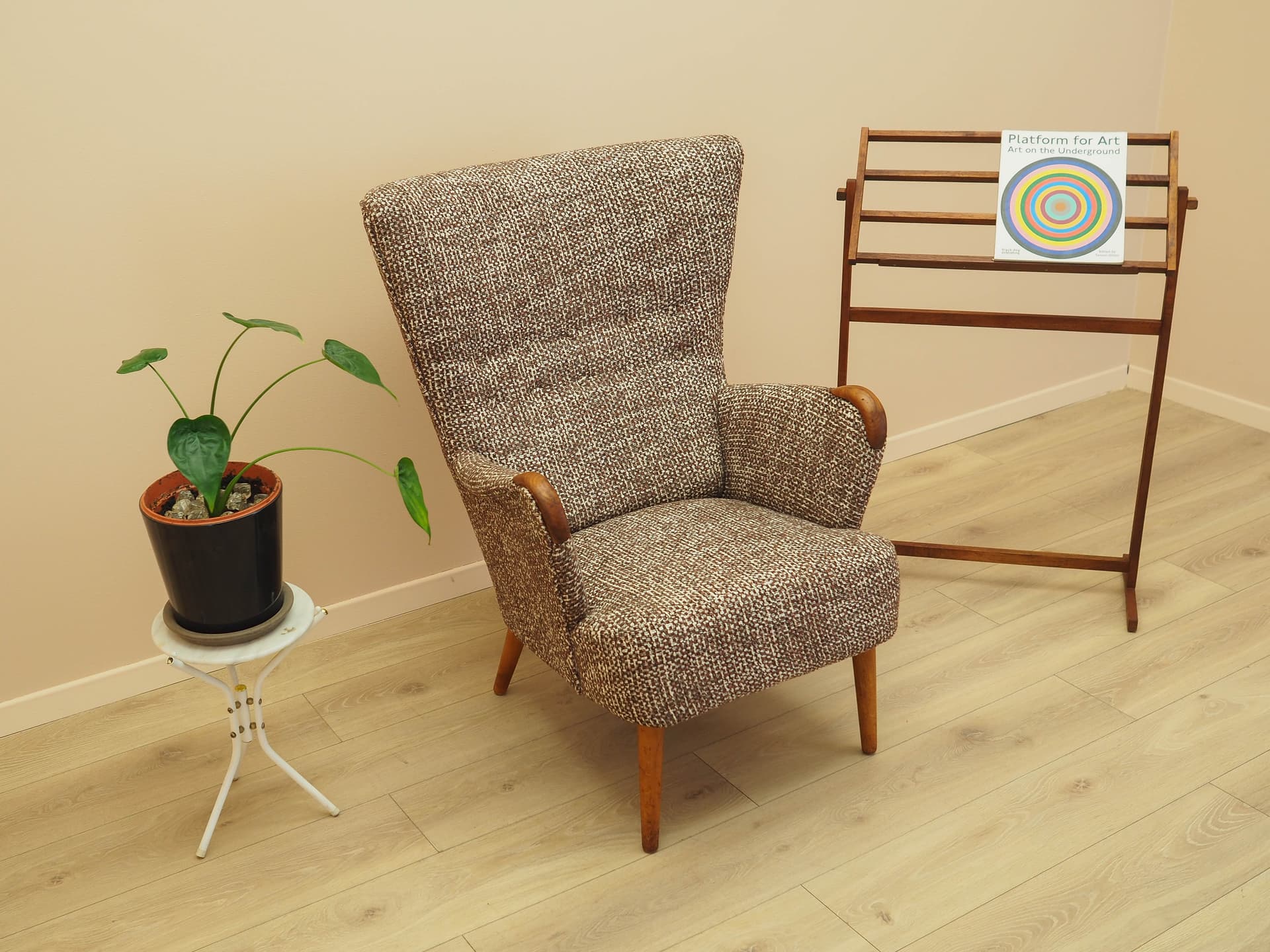 Lounge chair, brown white beige melange, fabric, beech, teak, Denmark, 1970s. - 293740