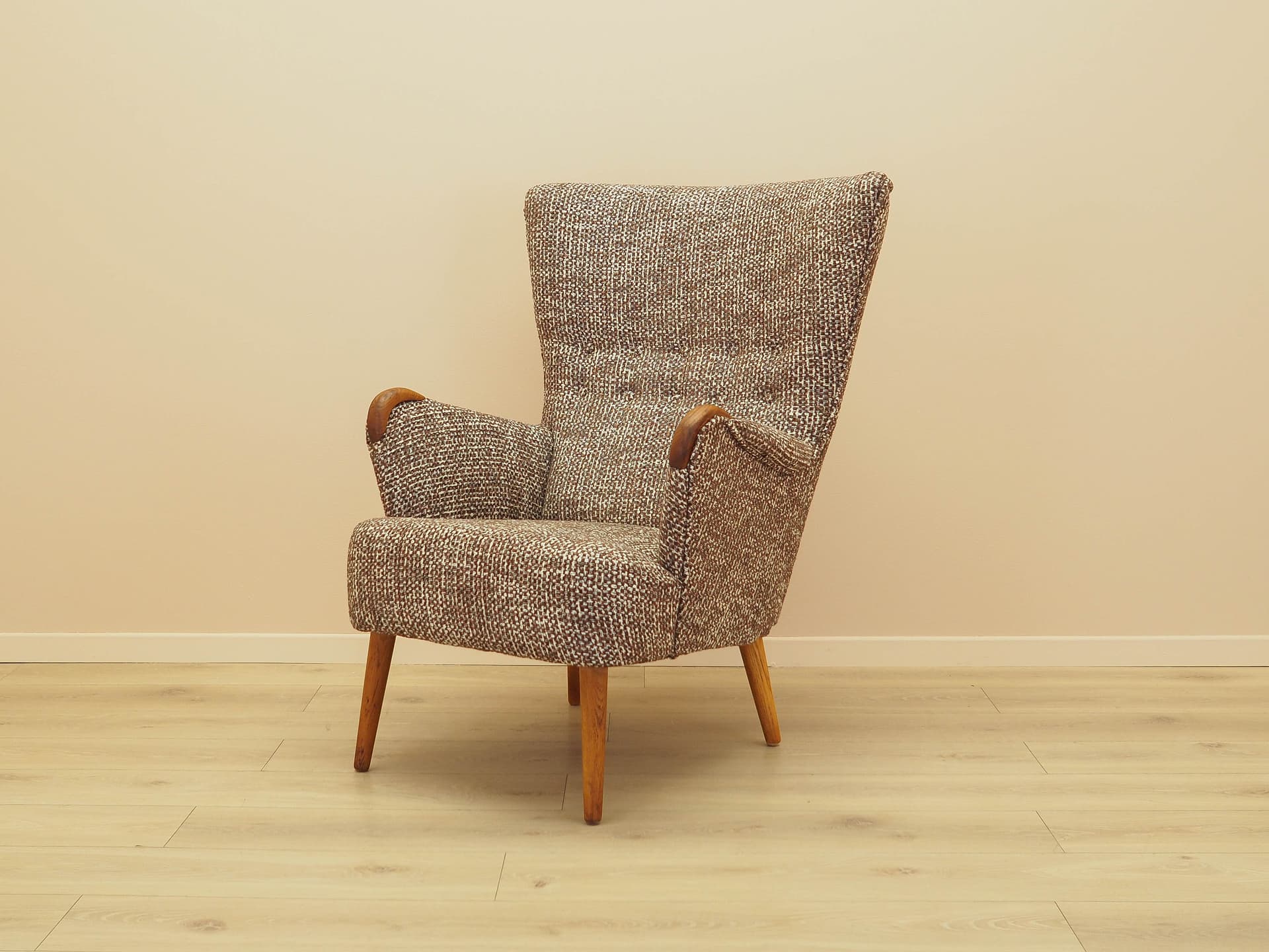Lounge chair, brown white beige melange, fabric, beech, teak, Denmark, 1970s. - 293739