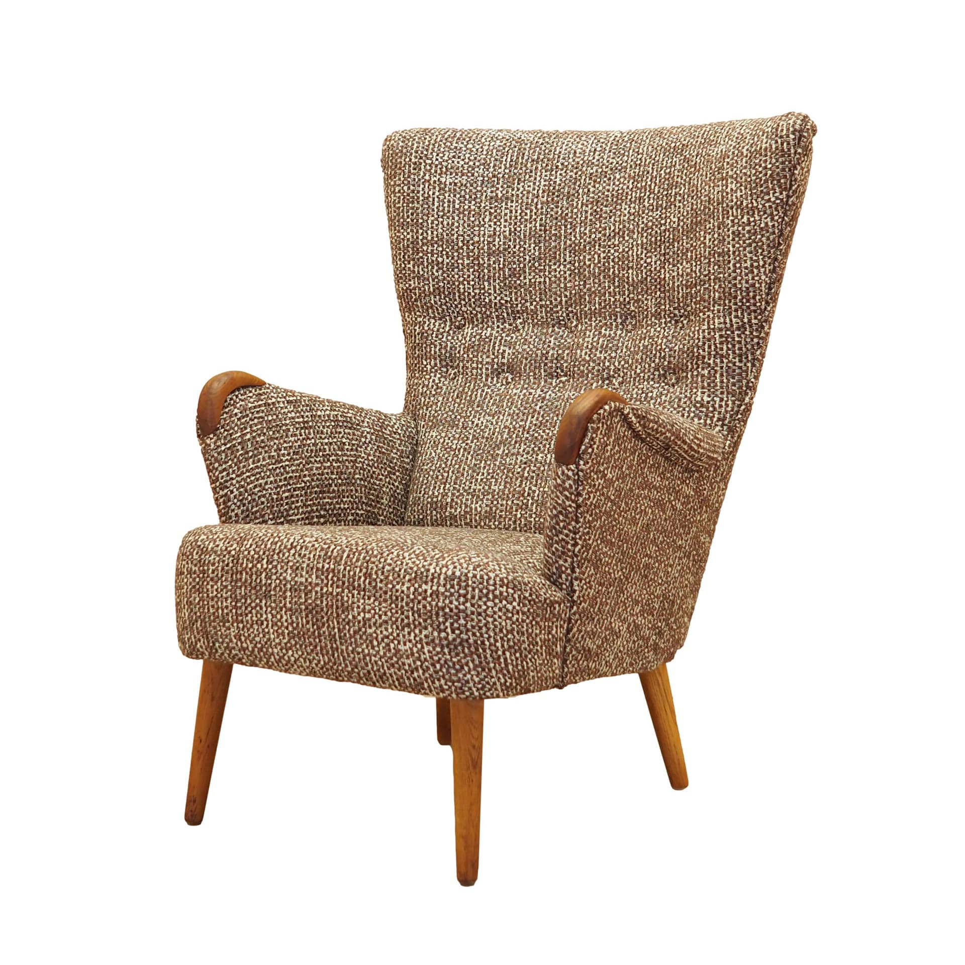 Lounge chair, brown white beige melange, fabric, beech, teak, Denmark, 1970s.