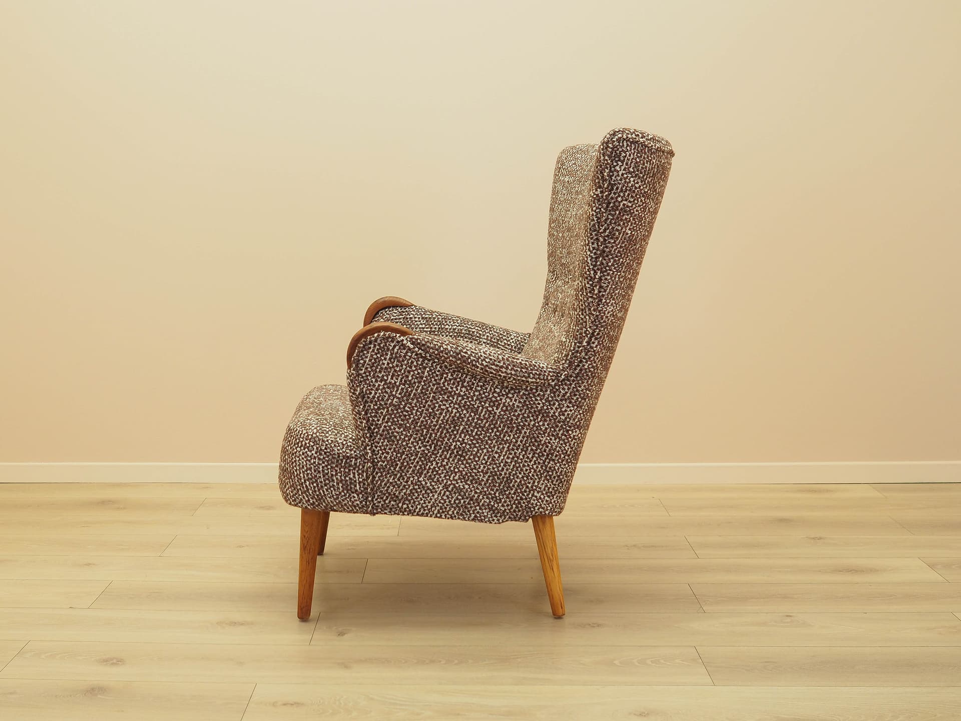 Lounge chair, brown white beige melange, fabric, beech, teak, Denmark, 1970s. - 293730