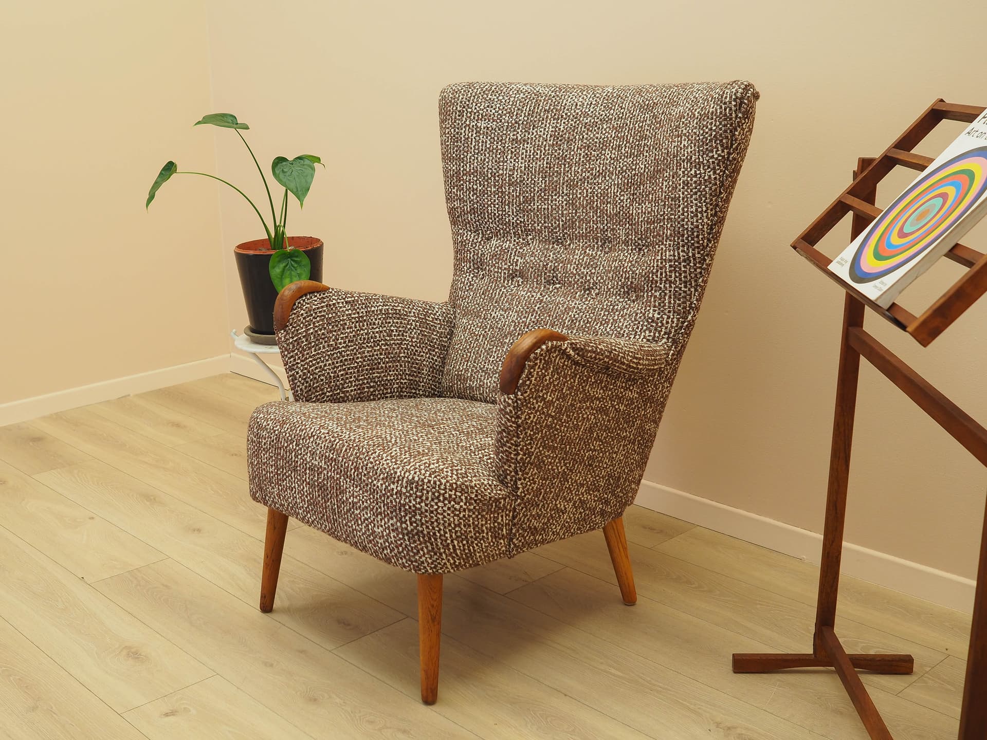 Lounge chair, brown white beige melange, fabric, beech, teak, Denmark, 1970s. - 293728