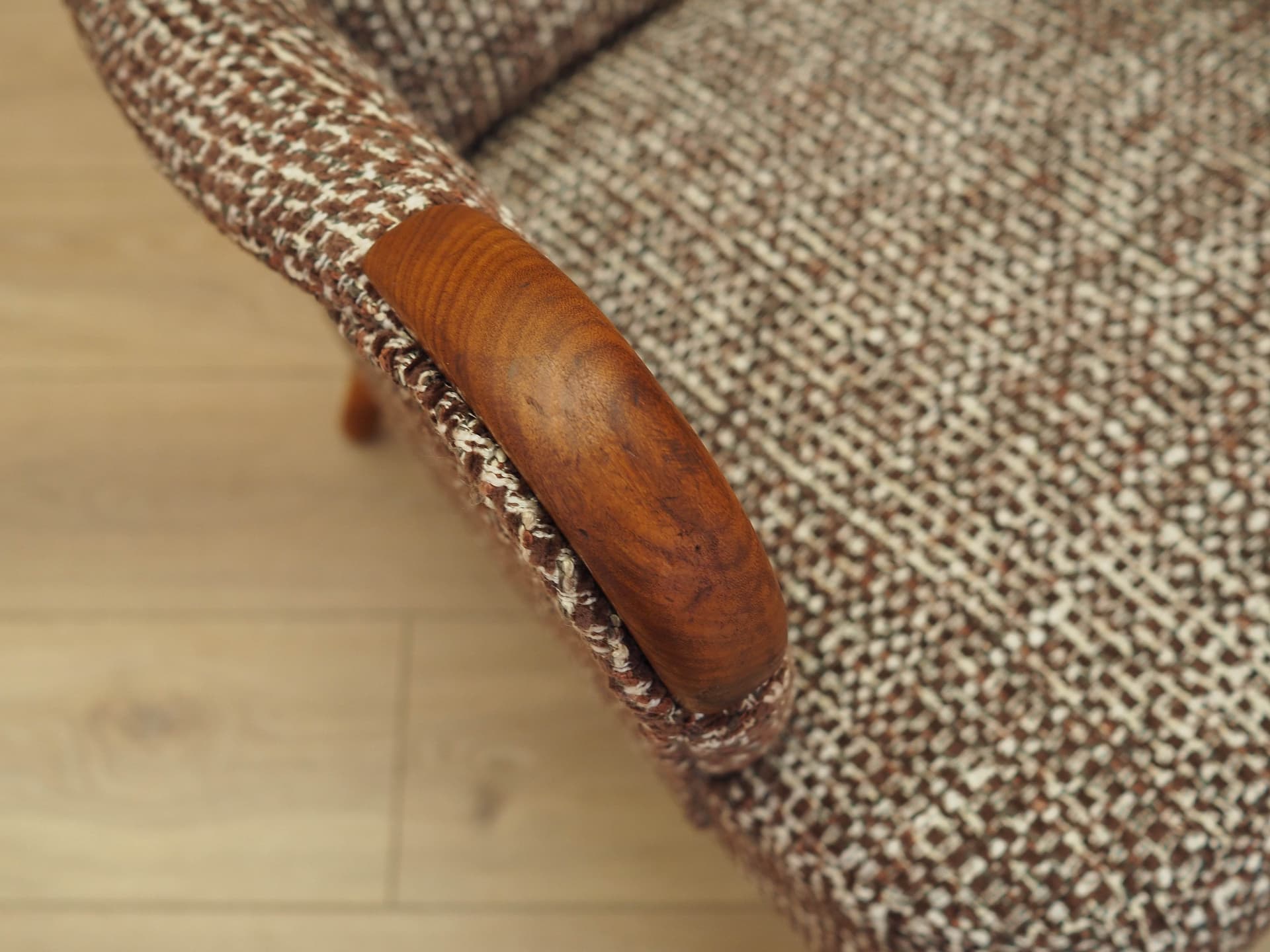 Lounge chair, brown white beige melange, fabric, beech, teak, Denmark, 1970s. - 293734