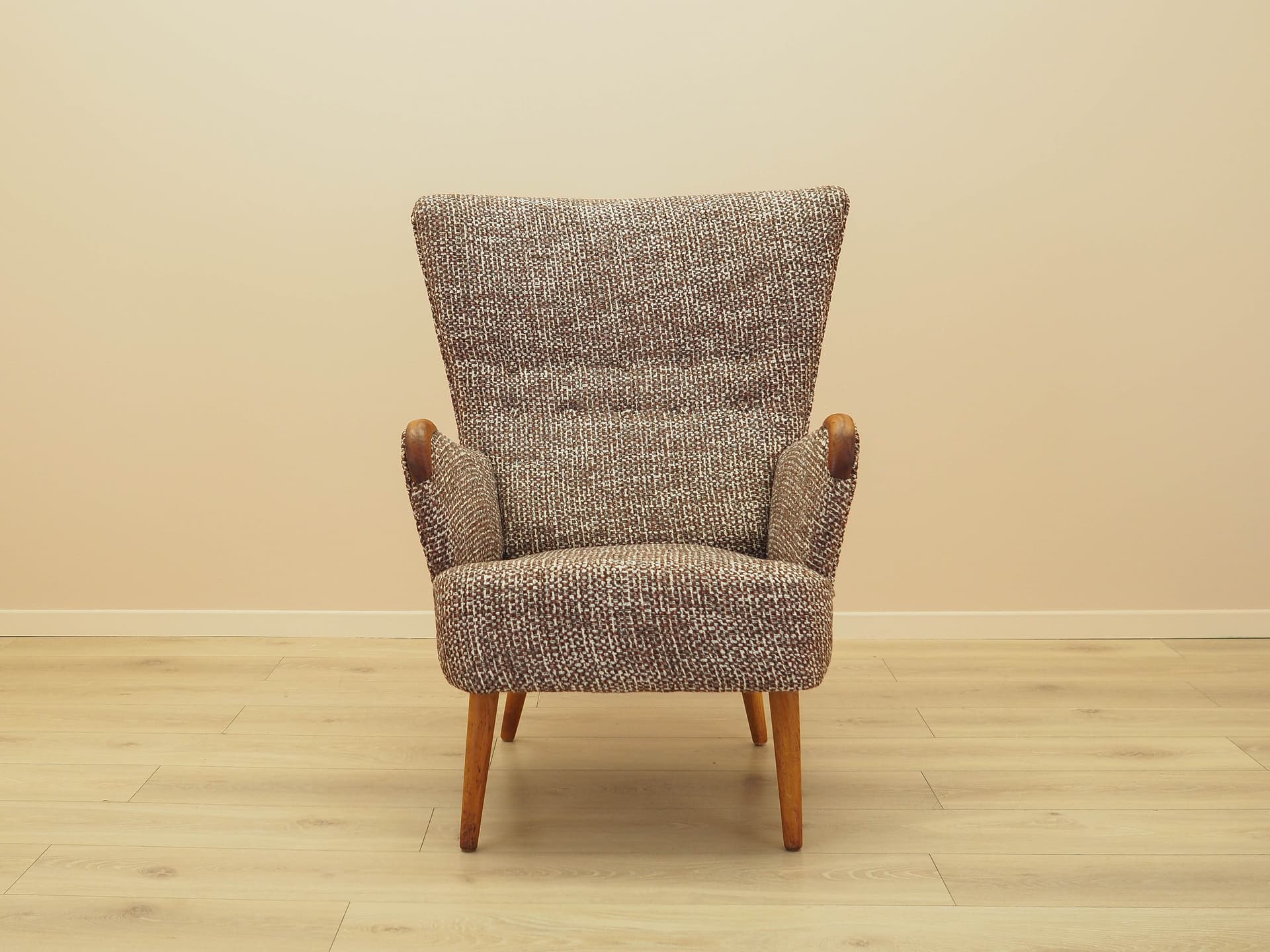 Lounge chair, brown white beige melange, fabric, beech, teak, Denmark, 1970s. - 293729