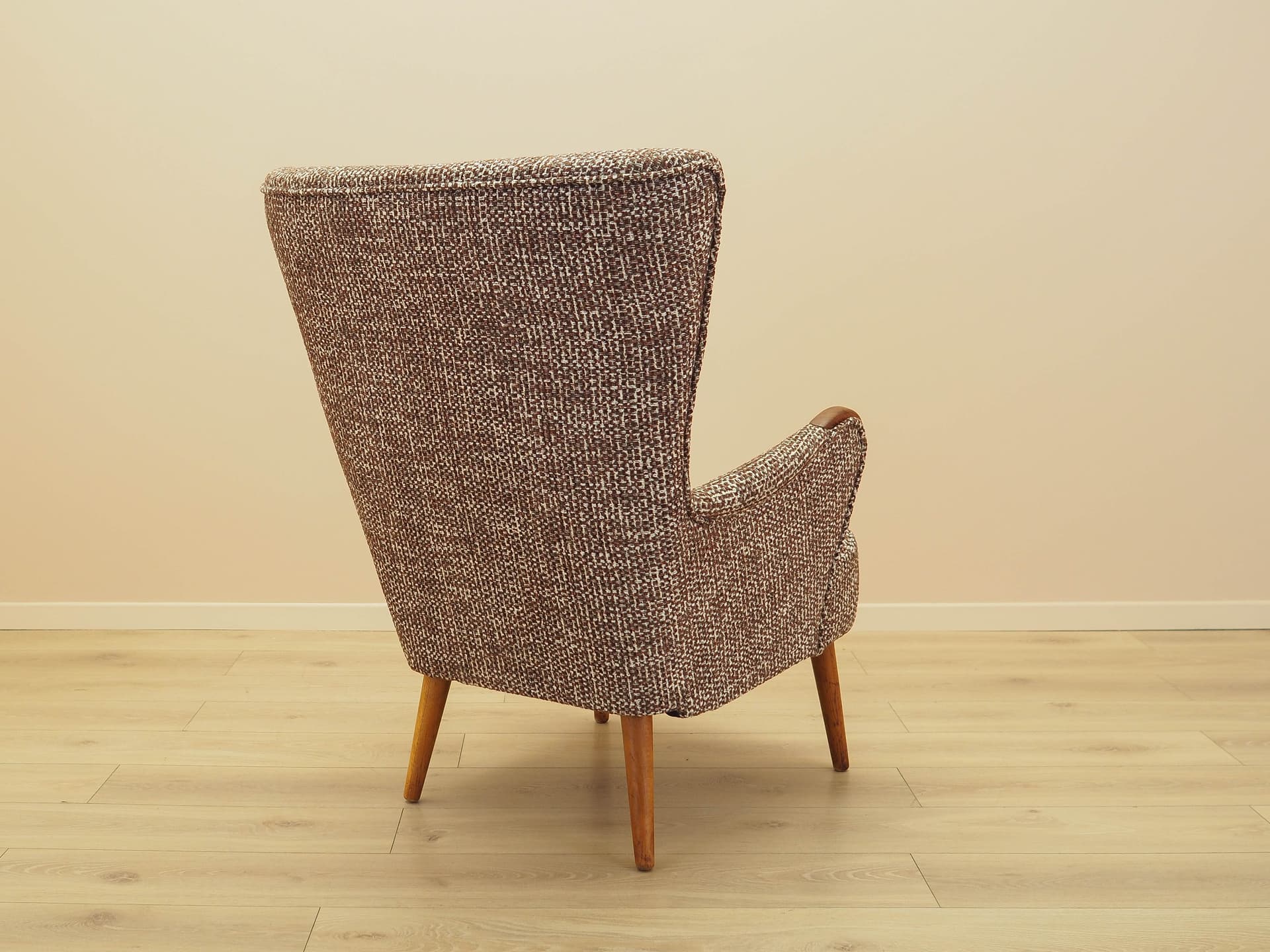 Lounge chair, brown white beige melange, fabric, beech, teak, Denmark, 1970s. - 293732