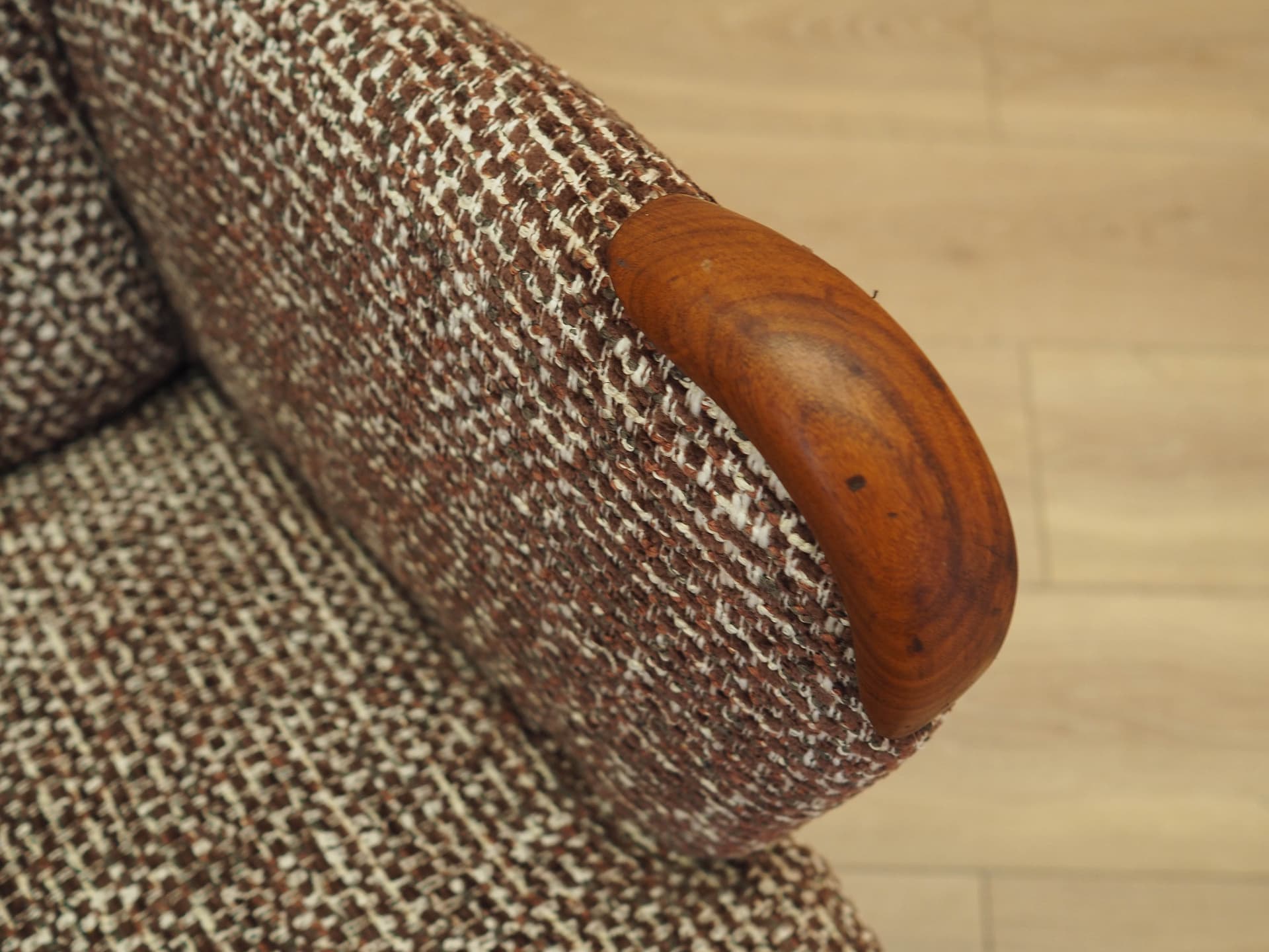 Lounge chair, brown white beige melange, fabric, beech, teak, Denmark, 1970s. - 293735