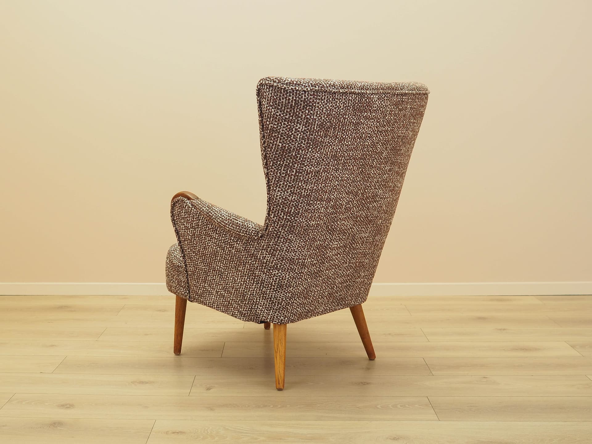 Lounge chair, brown white beige melange, fabric, beech, teak, Denmark, 1970s. - 293731