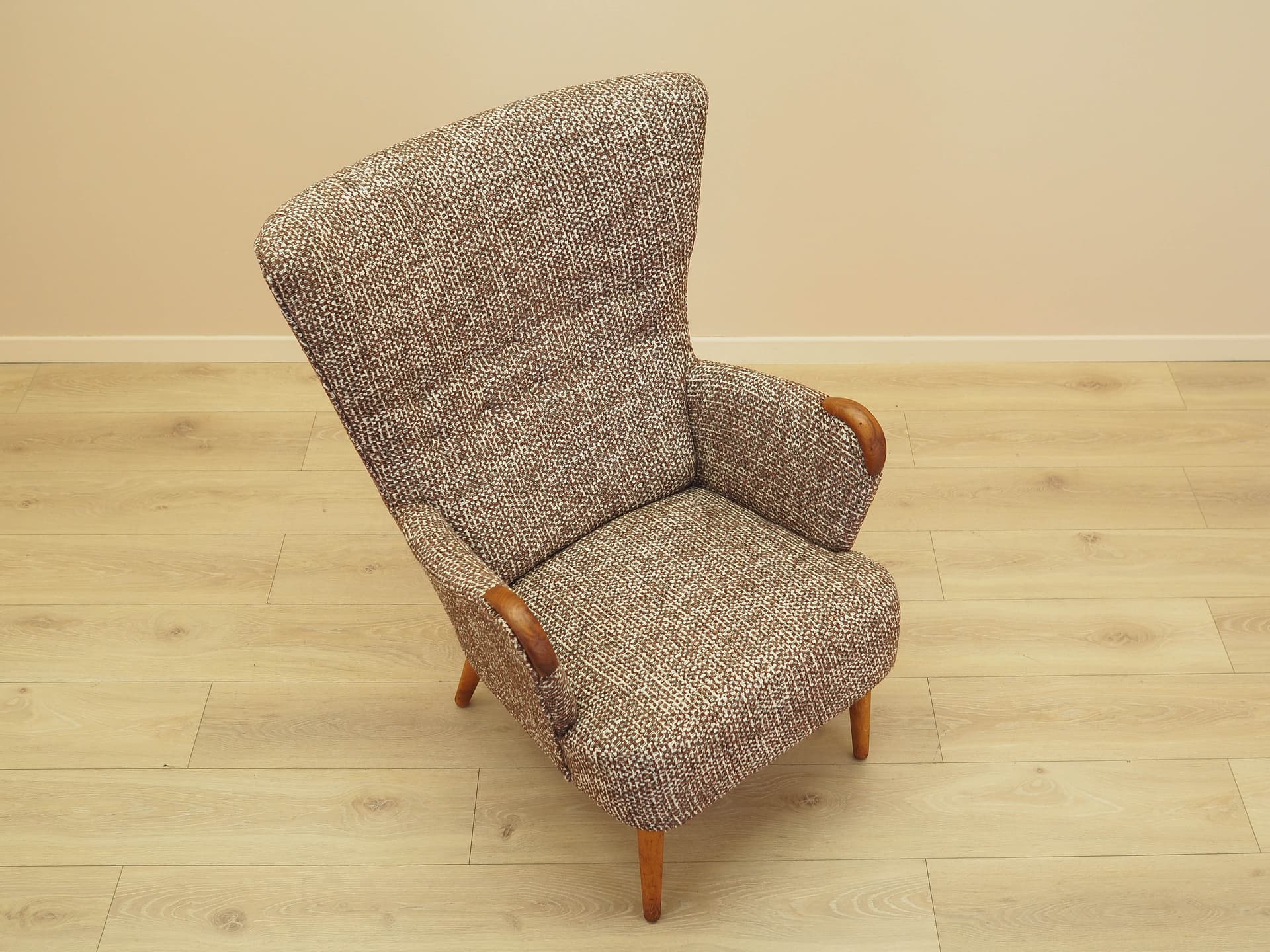Lounge chair, brown white beige melange, fabric, beech, teak, Denmark, 1970s. - 293733
