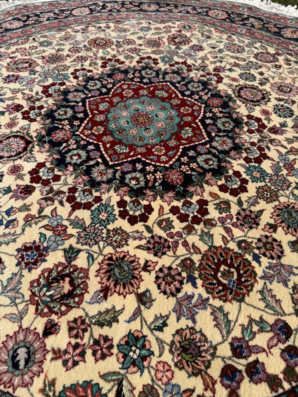 Dywan okrągły Tabriz, beżowy, wełna kaszmirowa jedwab, Iran - 293863