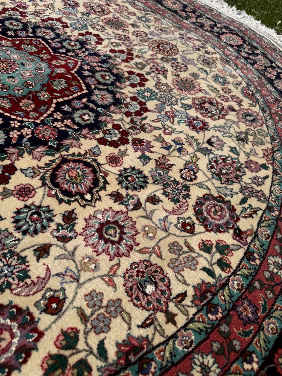 Dywan okrągły Tabriz, beżowy, wełna kaszmirowa jedwab, Iran - 293872