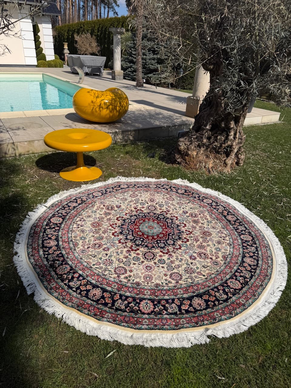 Dywan okrągły Tabriz, beżowy, wełna kaszmirowa jedwab, Iran - 293871