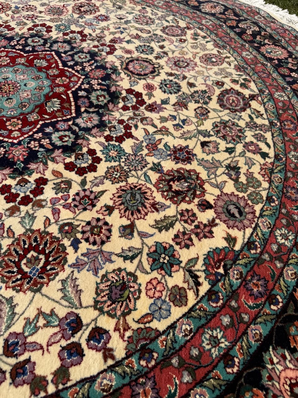 Dywan okrągły Tabriz, beżowy, wełna kaszmirowa jedwab, Iran - 293866