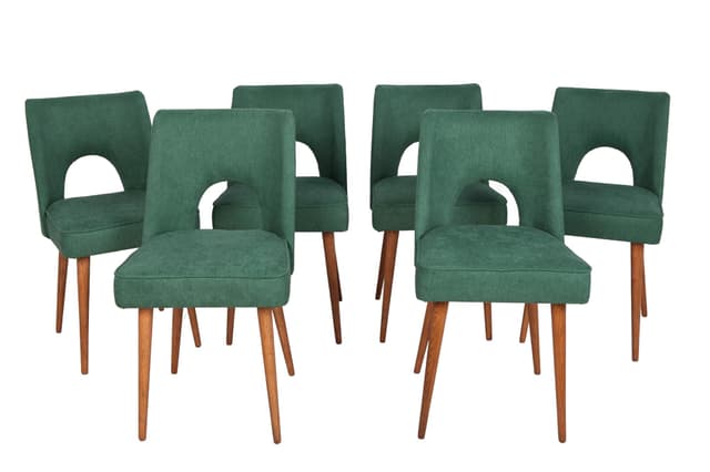 Set of six chairs Muszelka, green upholstery, brown oak, Poland, 1960s. - DIMENSION