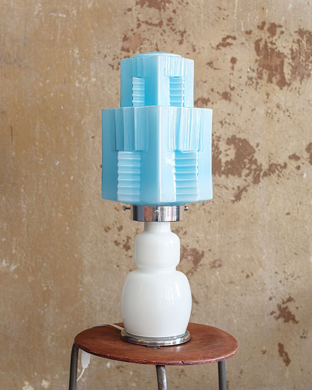 Table lamp, Art Deco, white and blue glass, silver metal, Italy, 1960s. - 294020