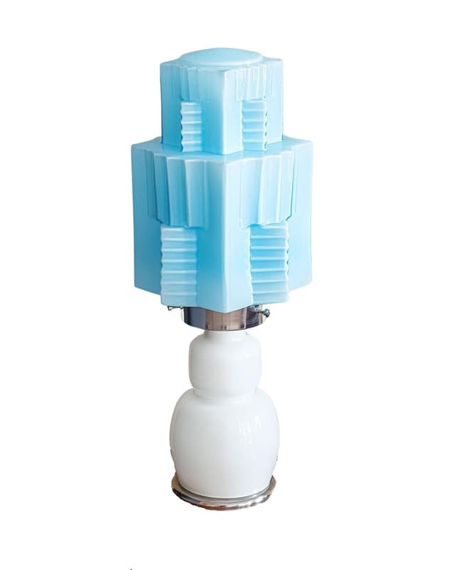 Table lamp, Art Deco, white and blue glass, silver metal, Italy, 1960s. - DIMENSION