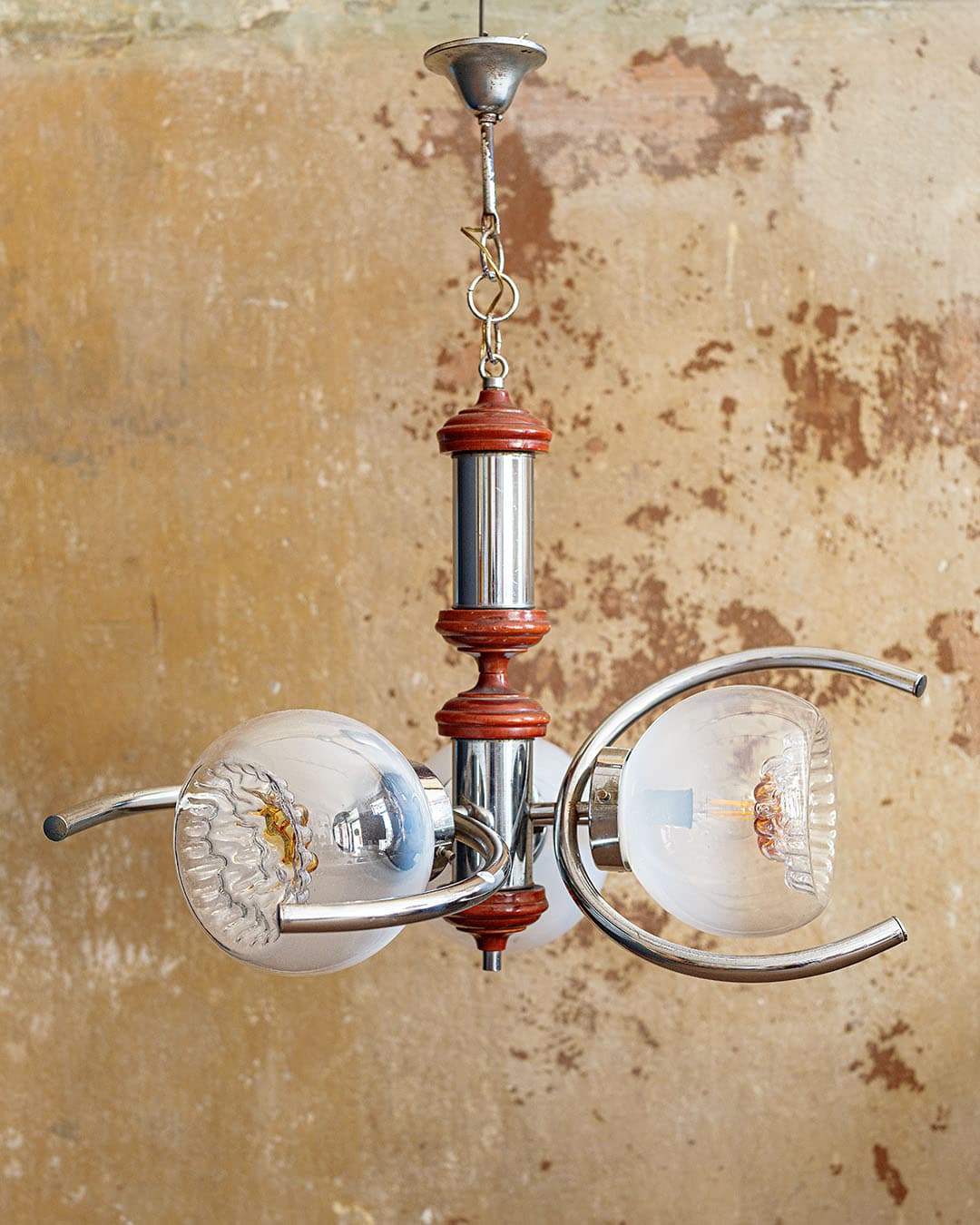 Lampa sufitowa Space Age, szkło transparentne bursztynowe, chrom, drewno brązowe, Włochy, lata 80. - 294037