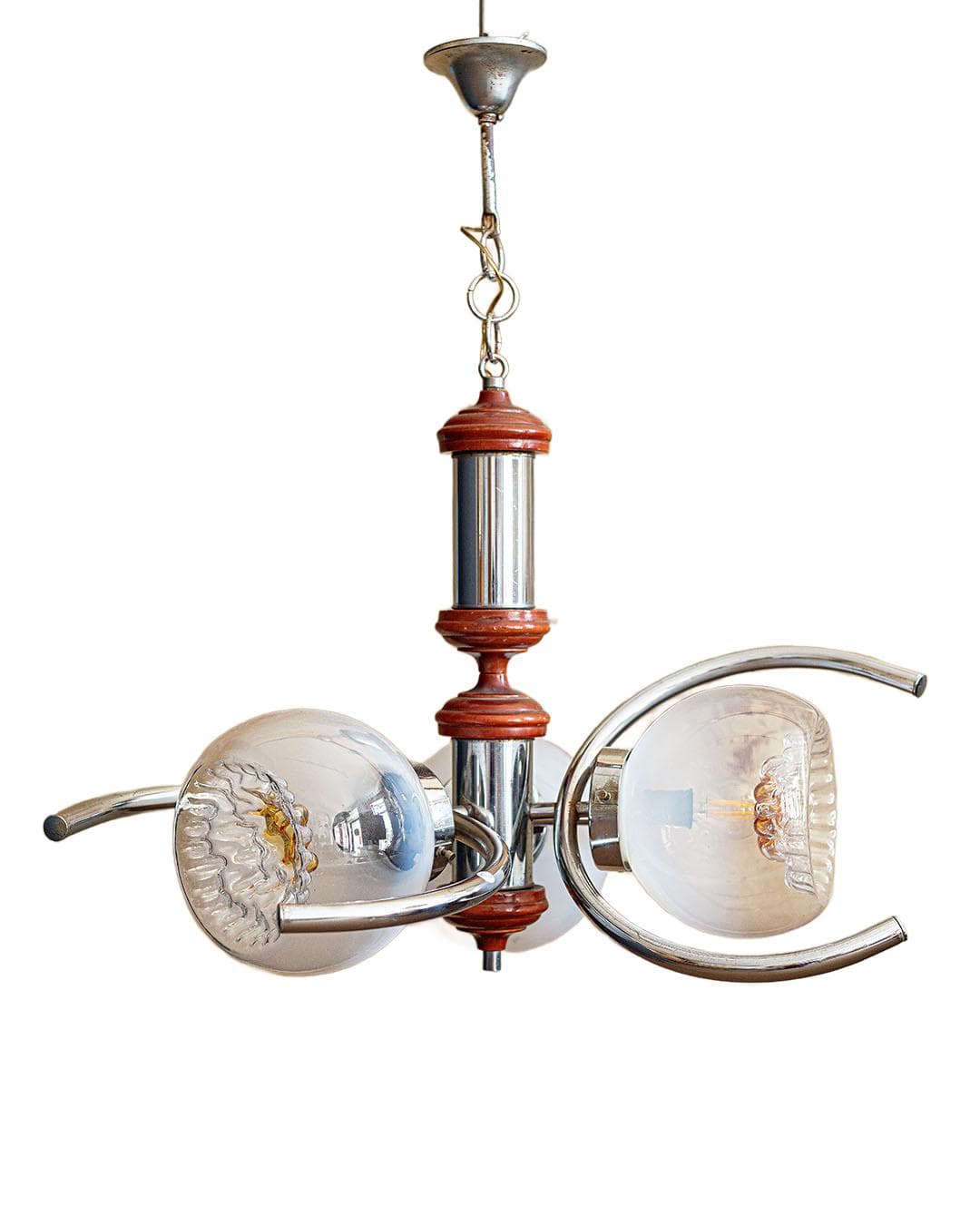 Lampa sufitowa Space Age, szkło transparentne bursztynowe, chrom, drewno brązowe, Włochy, lata 80.