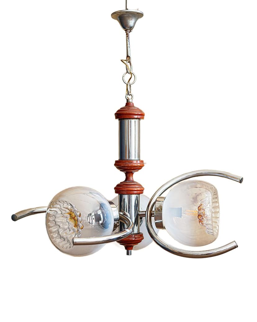 Lampa sufitowa Space Age, szkło transparentne bursztynowe, chrom, drewno brązowe, Włochy, lata 80.