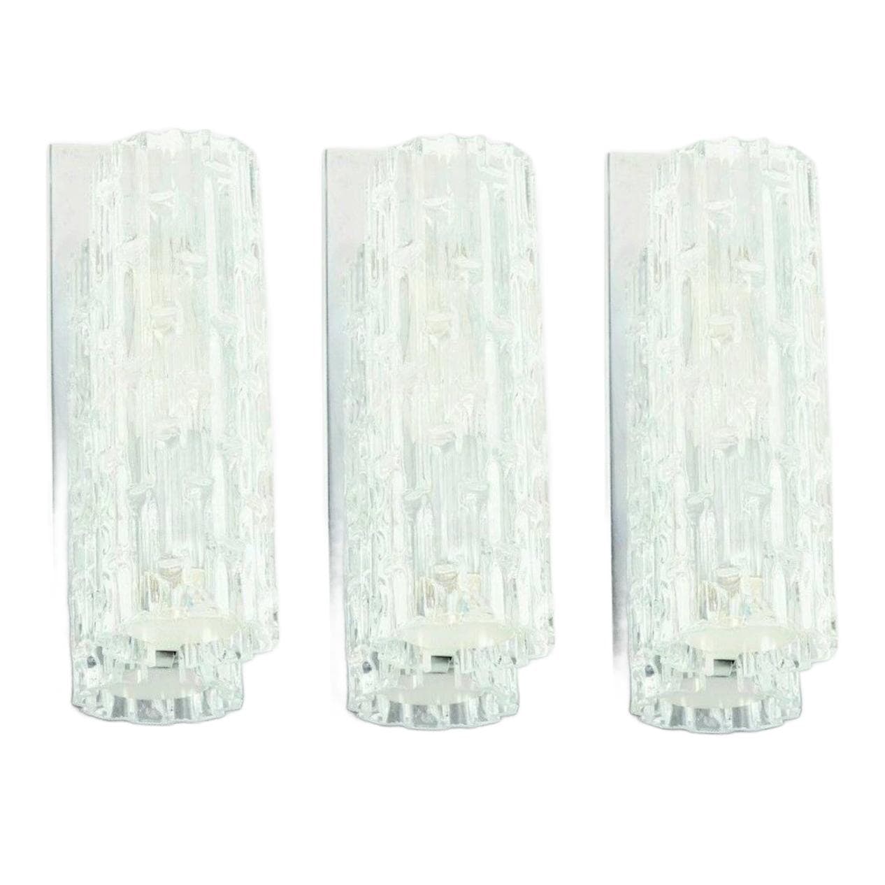 Zestaw trzech kinkietów, szkło Murano transparentne, chrom, Doria Leuchten, Niemcy, lata 60.