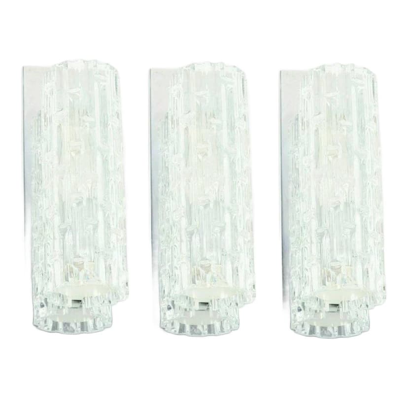 Zestaw trzech kinkietów, szkło Murano transparentne, chrom, Doria Leuchten, Niemcy, lata 60.