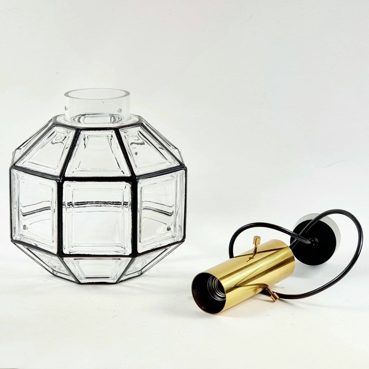 Para lamp sufitowych, szkło transparentne, żelazo czarne, mosiądz złoty, Limburg, Niemcy, lata 60. - 294152