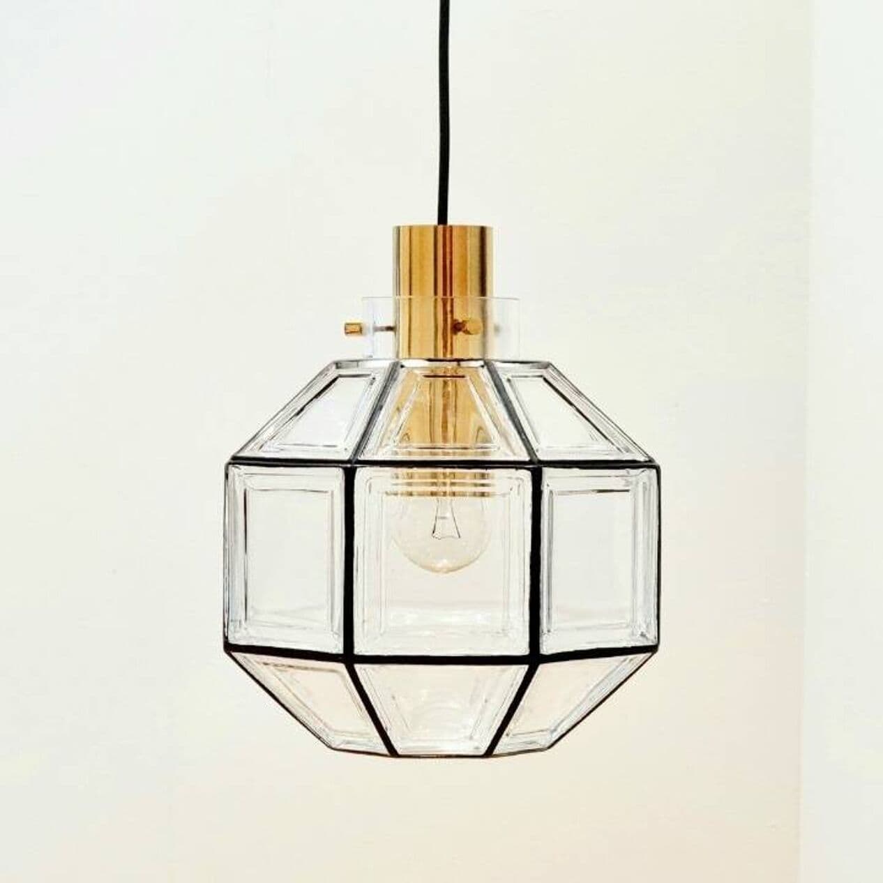 Para lamp sufitowych, szkło transparentne, żelazo czarne, mosiądz złoty, Limburg, Niemcy, lata 60. - 294145