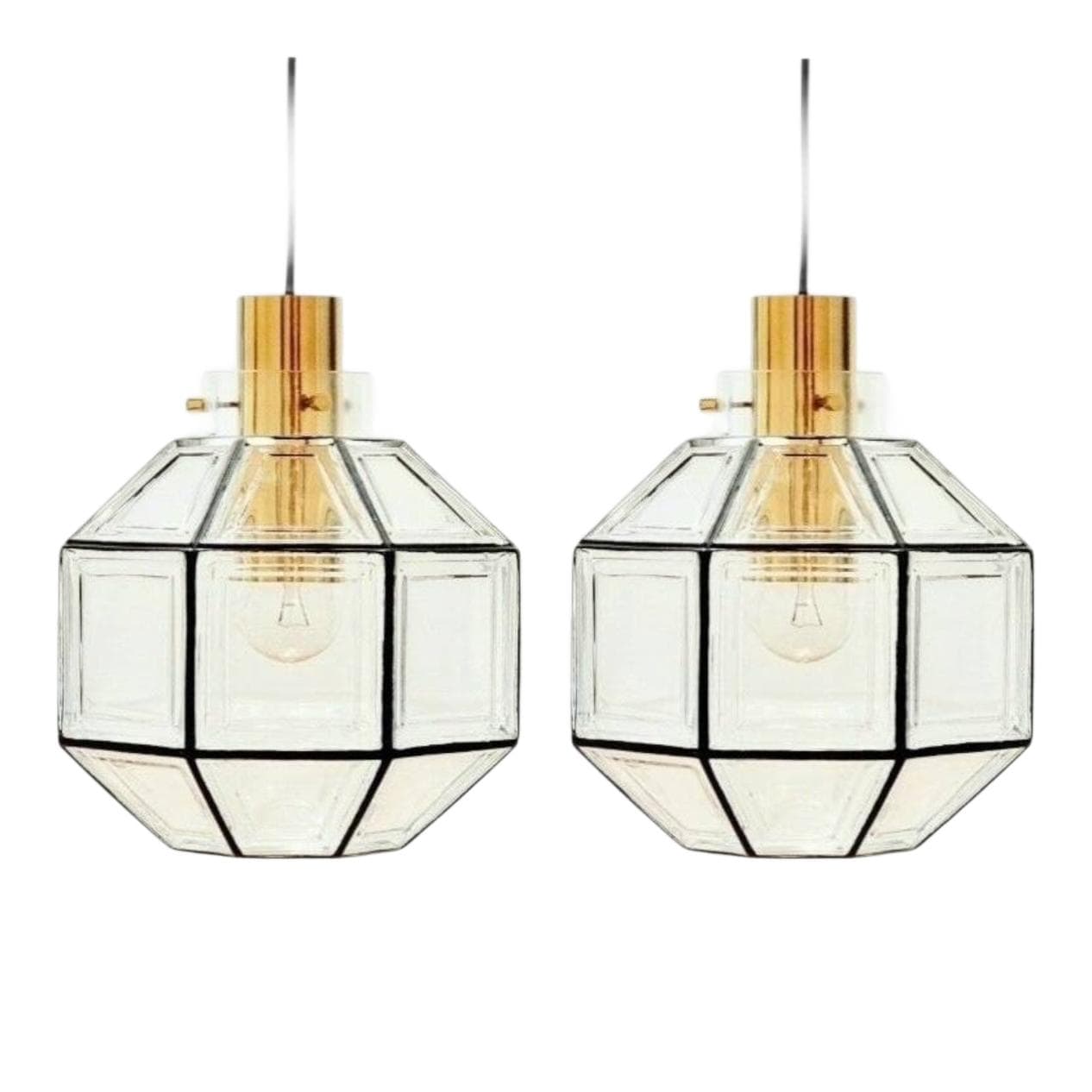 Para lamp sufitowych, szkło transparentne, żelazo czarne, mosiądz złoty, Limburg, Niemcy, lata 60.