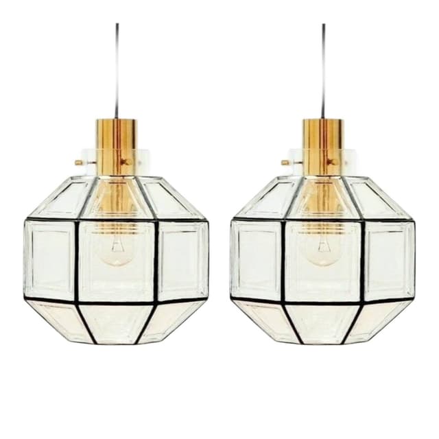 Para lamp sufitowych, szkło transparentne, żelazo czarne, mosiądz złoty, Limburg, Niemcy, lata 60. - WYMIARY