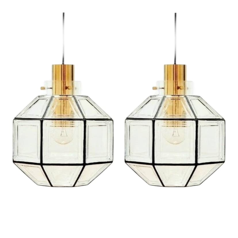 Para lamp sufitowych, szkło transparentne, żelazo czarne, mosiądz złoty, Limburg, Niemcy, lata 60.