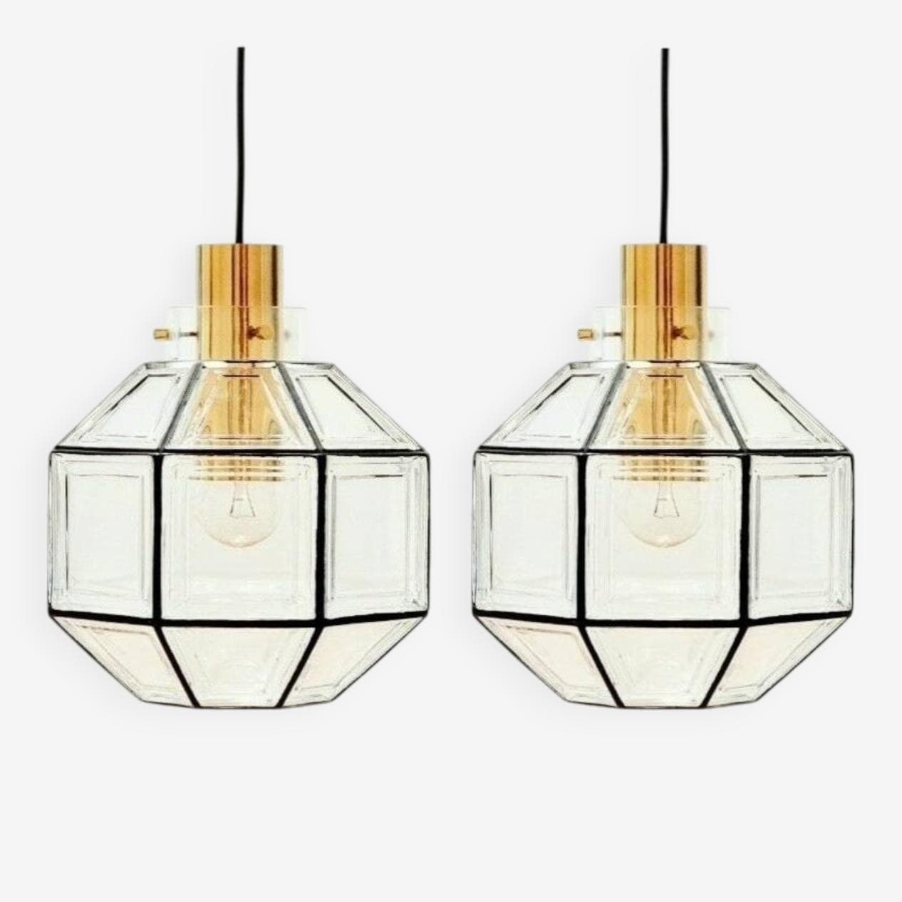 Para lamp sufitowych, szkło transparentne, żelazo czarne, mosiądz złoty, Limburg, Niemcy, lata 60. - 294146