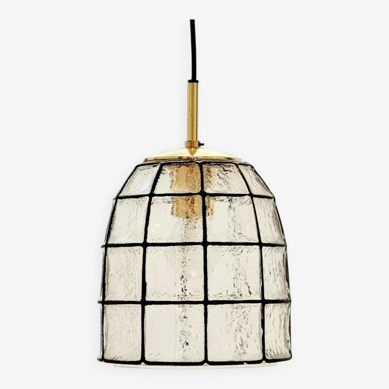Lampa wisząca, Limburg, szkło przezroczyste, mosiądz złoty, żelazo czarne, Niemcy, lata 60. - 294359