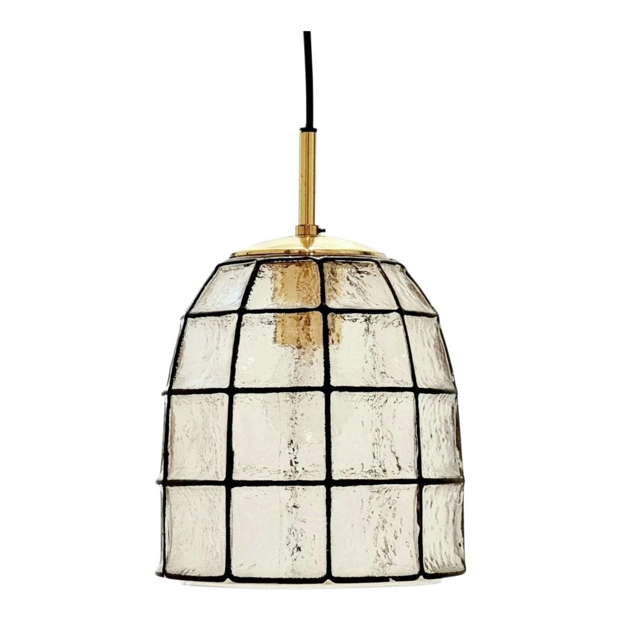 Lampa wisząca, Limburg, szkło przezroczyste, mosiądz złoty, żelazo czarne, Niemcy, lata 60.