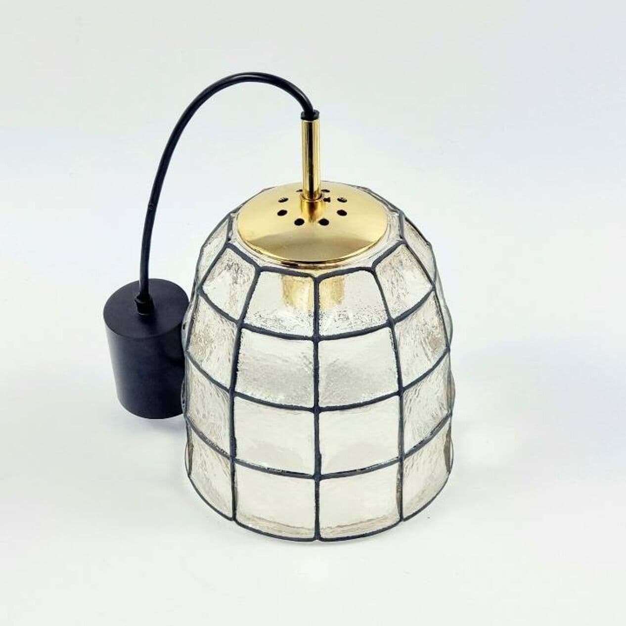 Lampa wisząca, Limburg, szkło przezroczyste, mosiądz złoty, żelazo czarne, Niemcy, lata 60. - 294365