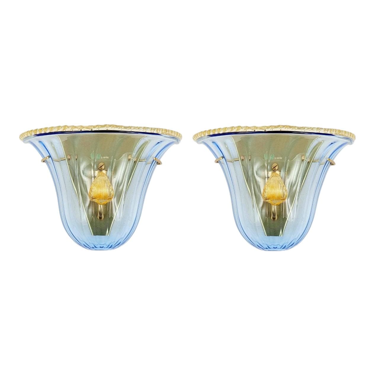 Para kinkietów ściennych La Murrina Murano, szkło niebieskie transparentne, mosiądz złoty, Włochy, lata 80.
