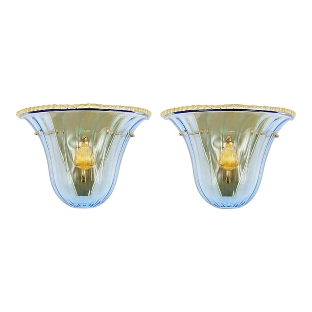 Para kinkietów ściennych La Murrina Murano, szkło niebieskie transparentne, mosiądz złoty, Włochy, lata 80. - WYMIARY