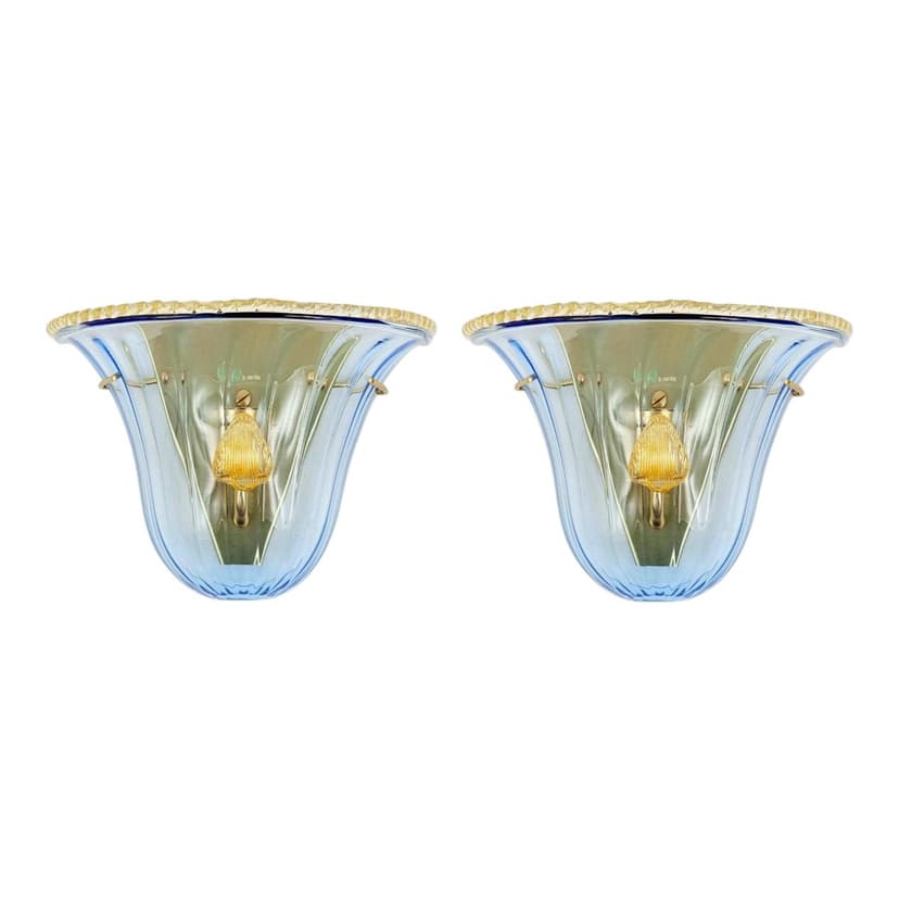 Para kinkietów ściennych La Murrina Murano, szkło niebieskie transparentne, mosiądz złoty, Włochy, lata 80.