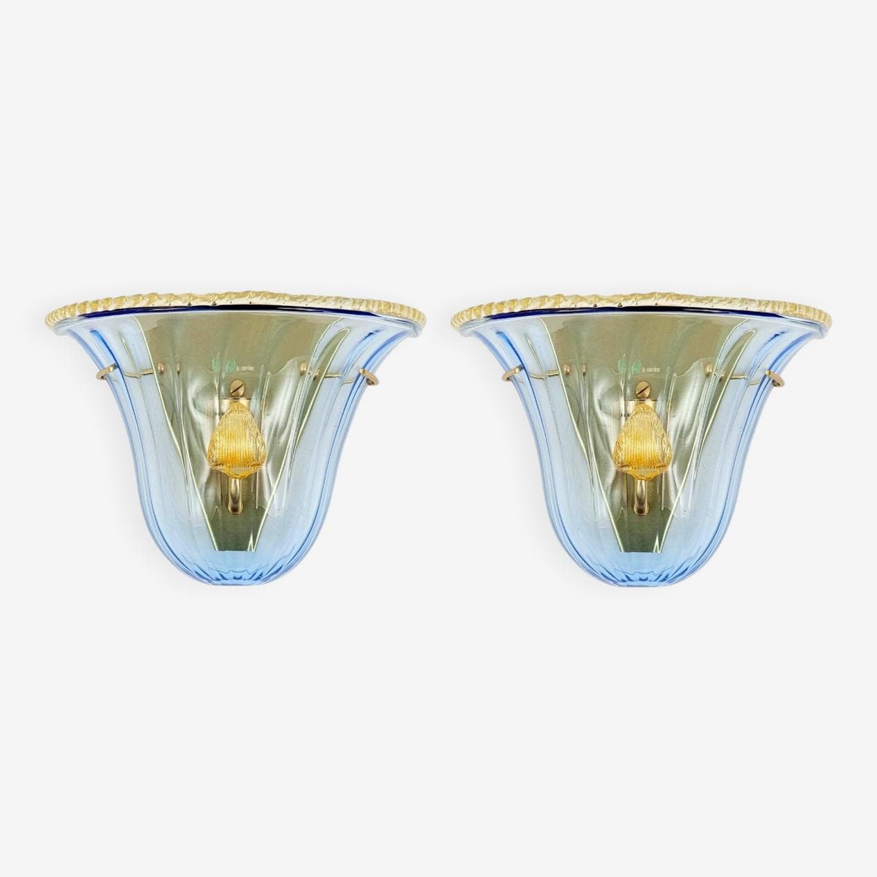 Para kinkietów ściennych La Murrina Murano, szkło niebieskie transparentne, mosiądz złoty, Włochy, lata 80. - 294474