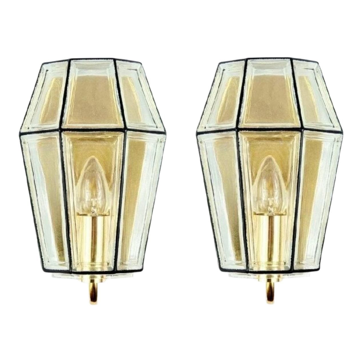 Para kinkietów, szkło transparentne złociste, mosiądz złoty, żelazo czarne, Limburg, Niemcy, lata 60.