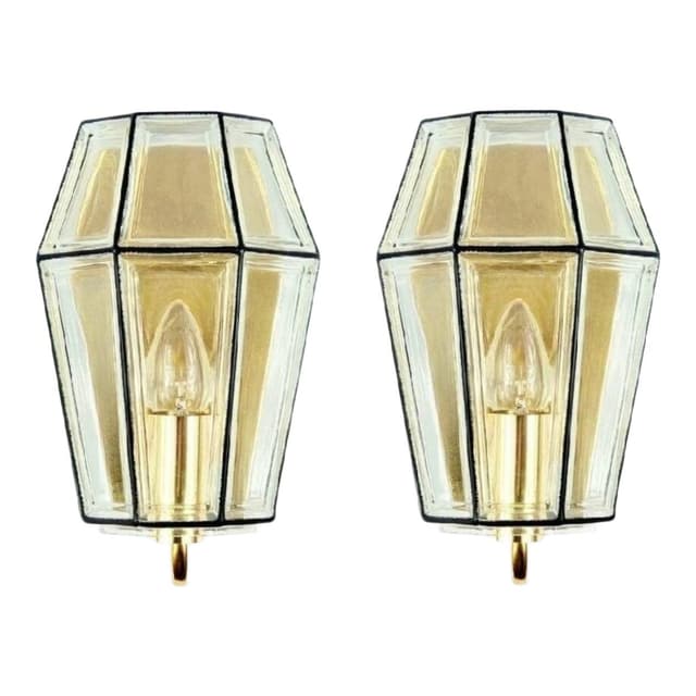 Para kinkietów, szkło transparentne złociste, mosiądz złoty, żelazo czarne, Limburg, Niemcy, lata 60. - WYMIARY