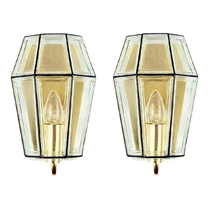 Para kinkietów, szkło transparentne złociste, mosiądz złoty, żelazo czarne, Limburg, Niemcy, lata 60.