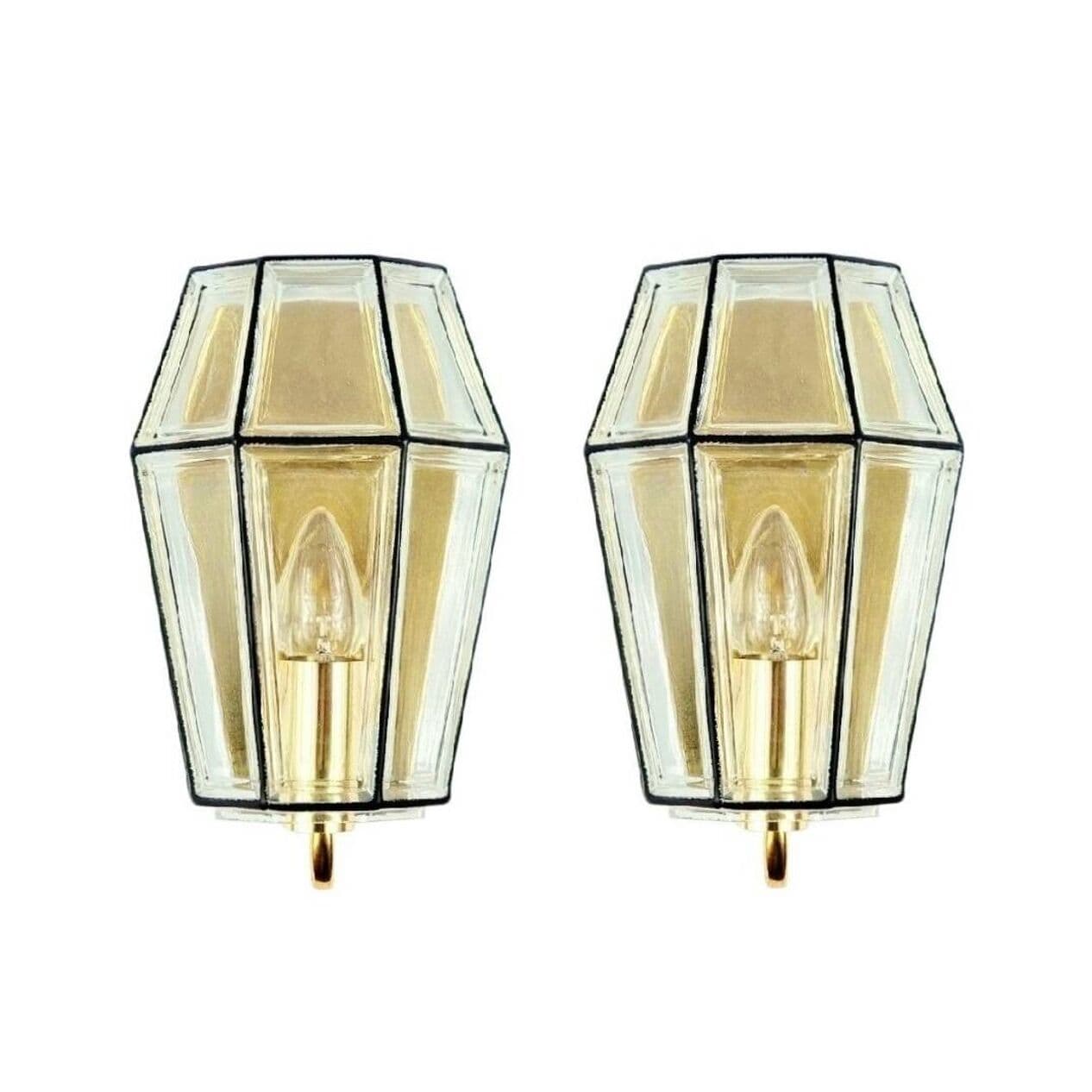 Para kinkietów, szkło transparentne złociste, mosiądz złoty, żelazo czarne, Limburg, Niemcy, lata 60. - 294429