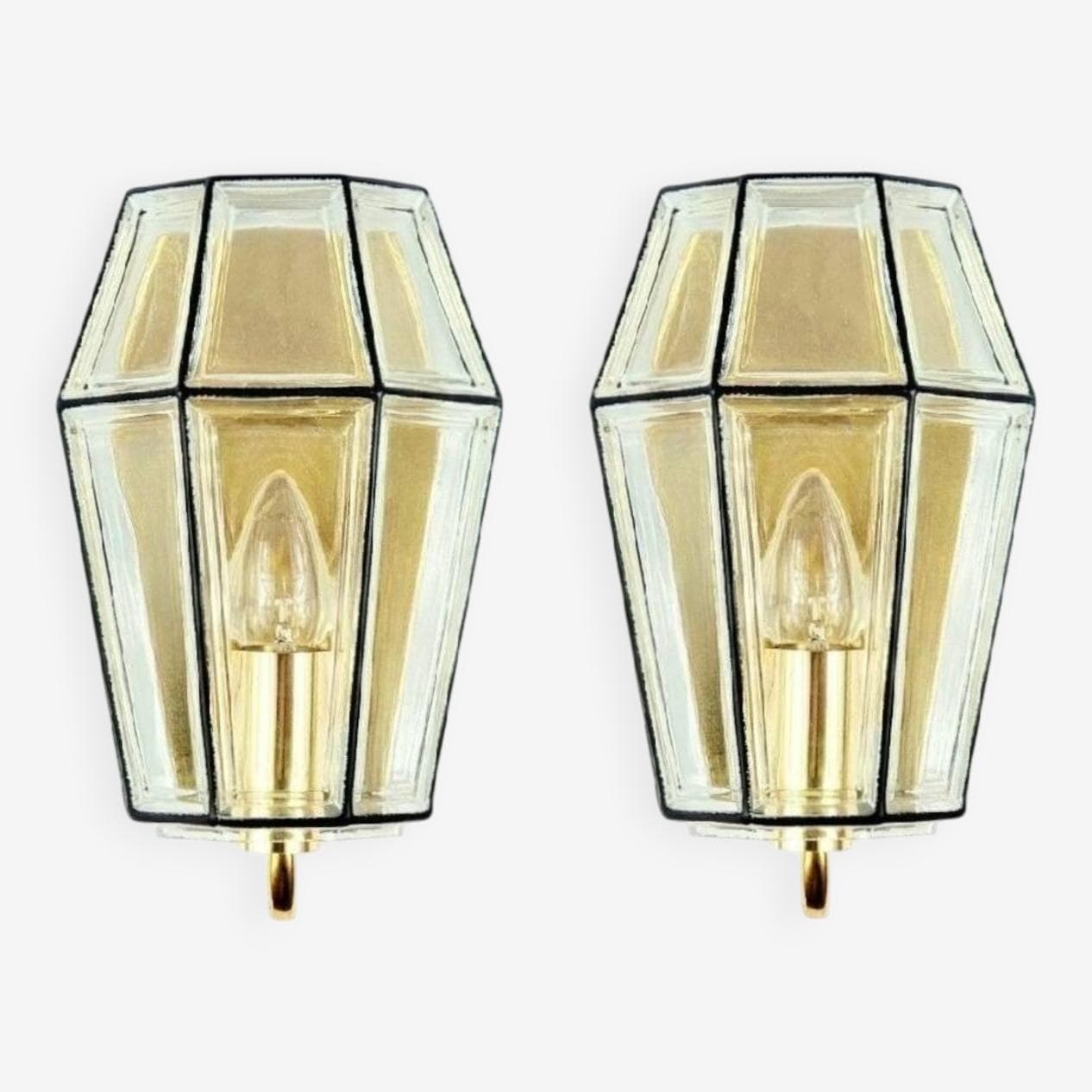 Para kinkietów, szkło transparentne złociste, mosiądz złoty, żelazo czarne, Limburg, Niemcy, lata 60. - 294430